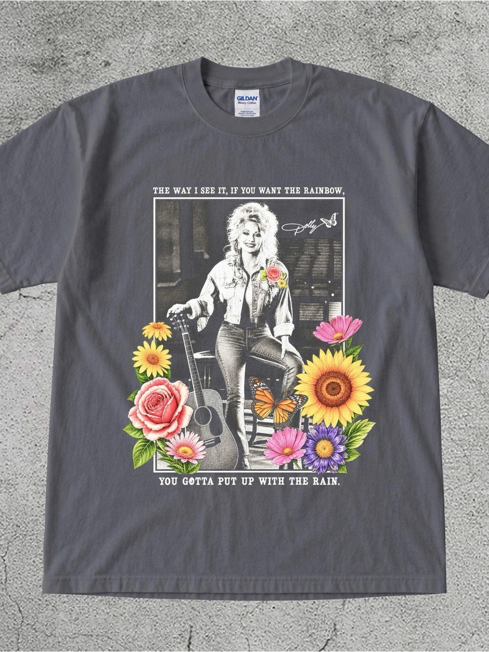 Gildan Charcoal Women’s Tee with Dolly Portrait & Colorful Floral Print- Rip